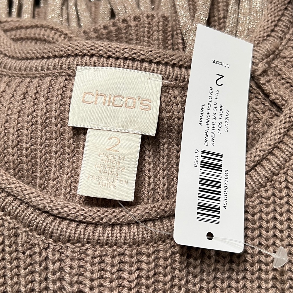 CHICO’S Drama Fringe Pull Over Sweater Taupe - Picture 10 of 12